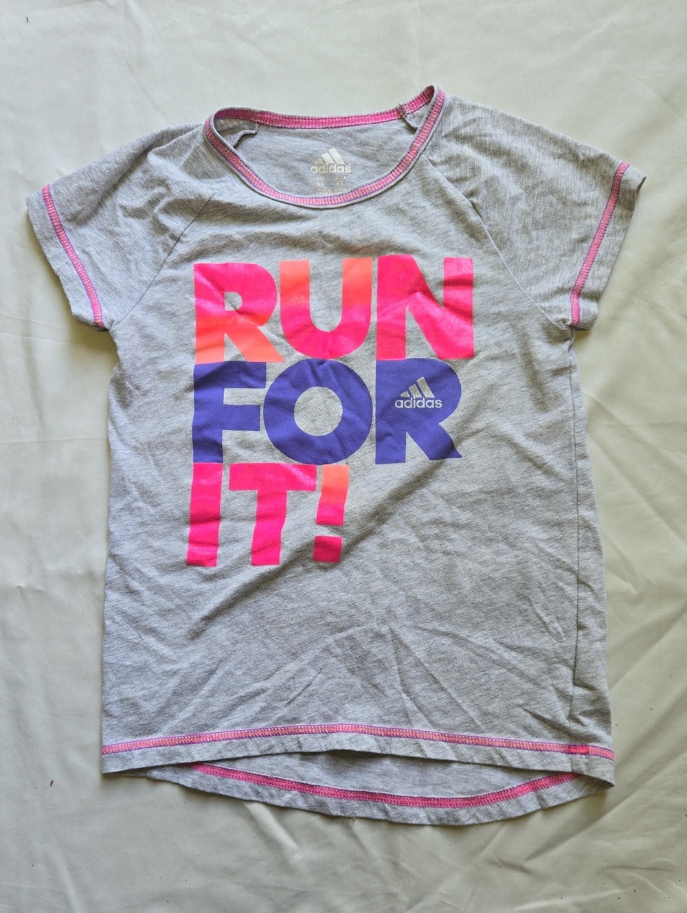 adidas Kids "Run For It!" Graphic Tee - Gray with Pink & Purple